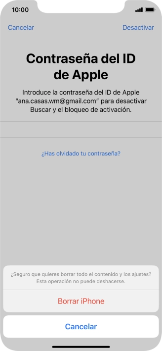 Introduce la contraseña de tu ID de Apple y pulsa Borrar iPhone. Espera unos instantes mientras el teléfono restablece la configuración predeterminada. Sigue las indicaciones de la pantalla para configurar el teléfono y dejarlo listo para su uso.