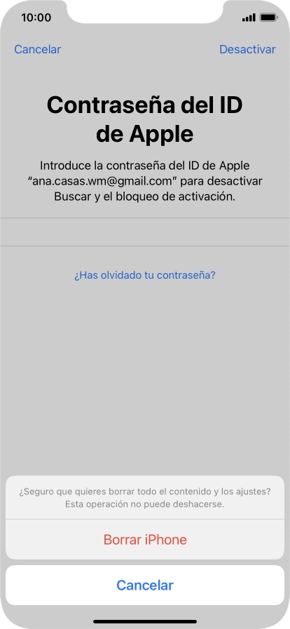 Introduce la contraseña de tu ID de Apple y pulsa Borrar iPhone. Espera unos instantes mientras el teléfono restablece la configuración predeterminada. Sigue las indicaciones de la pantalla para configurar el teléfono y dejarlo listo para su uso.