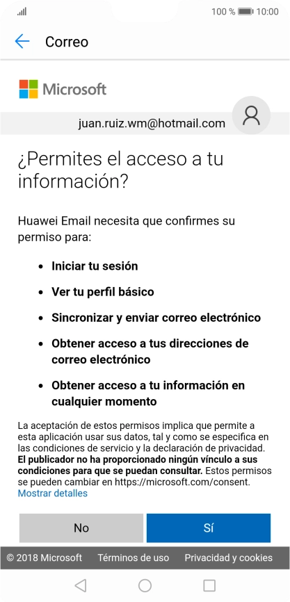 Si aparece en la pantalla esta imagen, tu cuenta de correo electrónico ha sido reconocida y configurada automáticamente. Sigue las indicaciones de la pantalla para introducir más información y terminar la configuración.