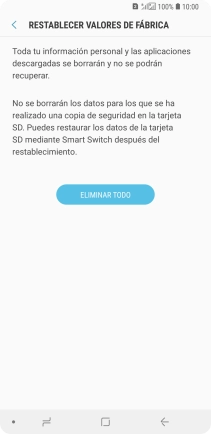 Pulsa ELIMINAR TODO. Espera unos instantes mientras el teléfono restablece la configuración predeterminada. Sigue las indicaciones de la pantalla para configurar el teléfono y dejarlo listo para su uso.