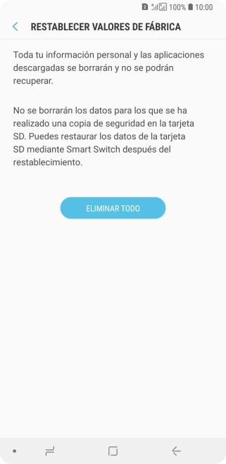 Pulsa ELIMINAR TODO. Espera unos instantes mientras el teléfono restablece la configuración predeterminada. Sigue las indicaciones de la pantalla para configurar el teléfono y dejarlo listo para su uso.