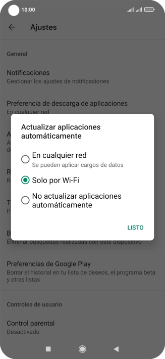 Para activar la actualización automática de apps utilizando la red móvil, pulsa En cualquier red.
