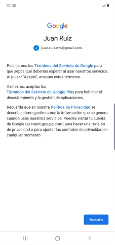 Pulsa Acepto y sigue las indicaciones de la pantalla para seleccionar los ajustes de tu cuenta de Google.