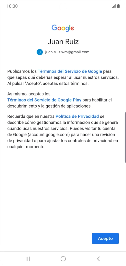 Pulsa Acepto y sigue las indicaciones de la pantalla para seleccionar los ajustes de tu cuenta de Google.