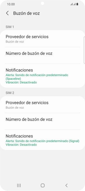 Pulsa Número de buzón de voz bajo la tarjeta SIM deseada.