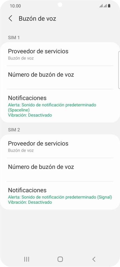 Pulsa Número de buzón de voz bajo la tarjeta SIM deseada.