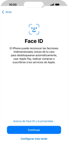 Sigue las indicaciones de la pantalla para activar el uso del reconocimiento facial (Face ID) o pulsa Configurar más tarde.