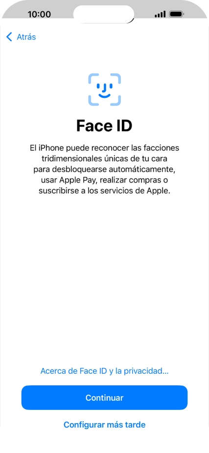Sigue las indicaciones de la pantalla para activar el uso del reconocimiento facial (Face ID) o pulsa Configurar más tarde.