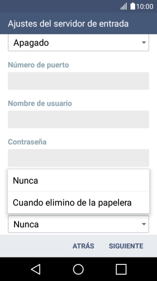 Pulsa Nunca para conservar los correos electrónicos en el servidor cuando los borras del teléfono.
