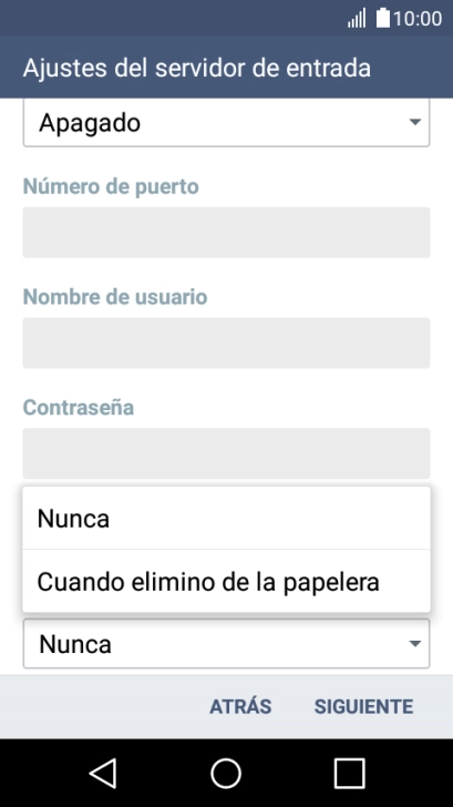 Pulsa Nunca para conservar los correos electrónicos en el servidor cuando los borras del teléfono.