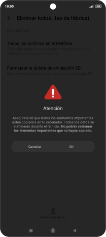 Pulsa OK. Espera unos instantes mientras el teléfono restablece la configuración predeterminada. Sigue las indicaciones de la pantalla para configurar el teléfono y dejarlo listo para su uso.