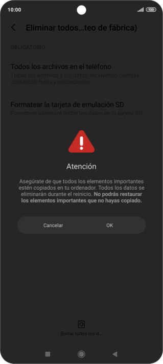 Pulsa OK. Espera unos instantes mientras el teléfono restablece la configuración predeterminada. Sigue las indicaciones de la pantalla para configurar el teléfono y dejarlo listo para su uso.