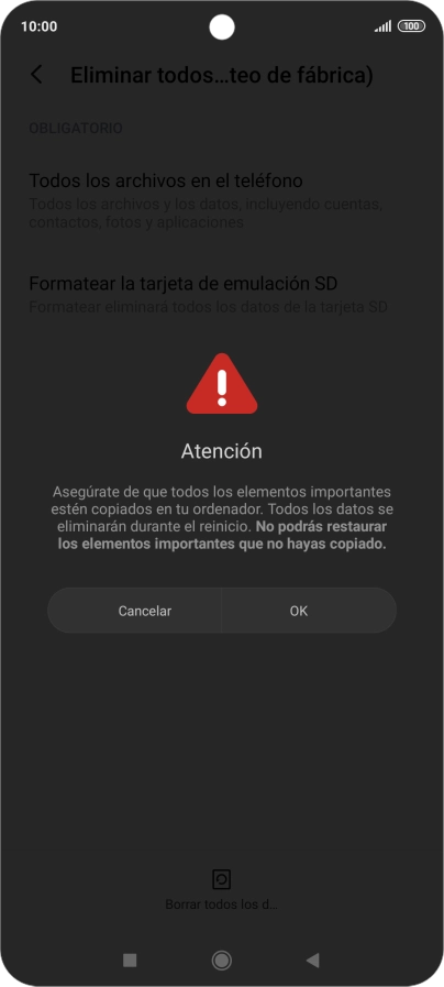 Pulsa OK. Espera unos instantes mientras el teléfono restablece la configuración predeterminada. Sigue las indicaciones de la pantalla para configurar el teléfono y dejarlo listo para su uso.