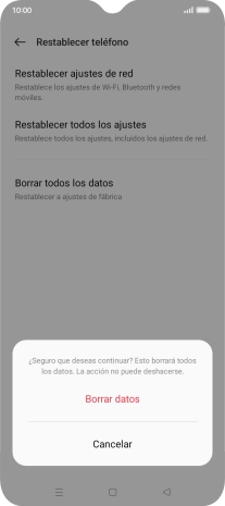 Pulsa Borrar datos. Espera unos instantes mientras el teléfono restablece la configuración predeterminada. Sigue las indicaciones de la pantalla para configurar el teléfono y dejarlo listo para su uso.