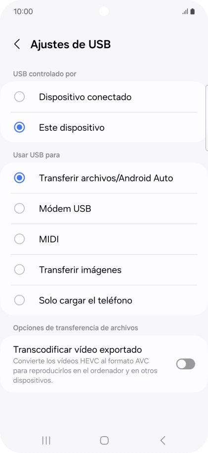 Pulsa Transferir archivos/Android Auto.