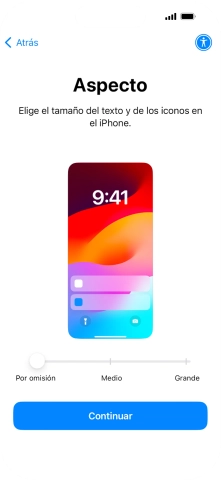 Selecciona el tamaño de letra y de los iconos que debe tener el teléfono y pulsa Continuar.