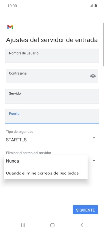 Pulsa Nunca para conservar los correos electrónicos en el servidor cuando los borras del teléfono.