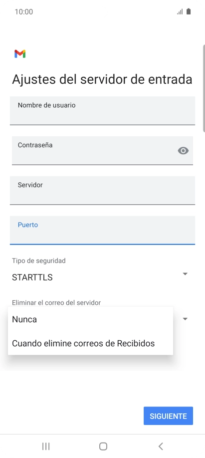 Pulsa Nunca para conservar los correos electrónicos en el servidor cuando los borras del teléfono.