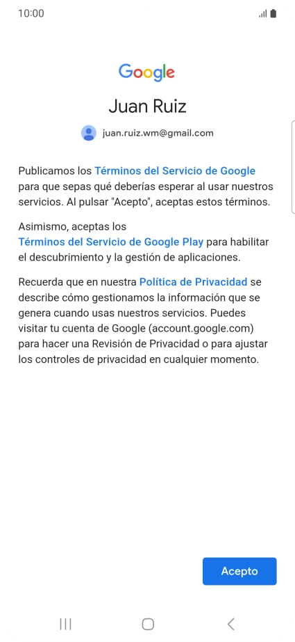 Pulsa Acepto y sigue las indicaciones de la pantalla para seleccionar los ajustes de tu cuenta de Google.