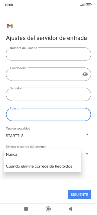 Pulsa Nunca para conservar los correos electrónicos en el servidor cuando los borras del teléfono.