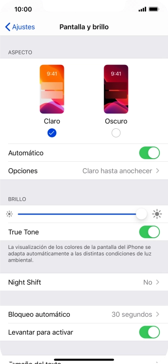 Si activas la función, pulsa Opciones y sigue las indicaciones de la pantalla para seleccionar el período de tiempo que debe durar el Modo Oscuro.