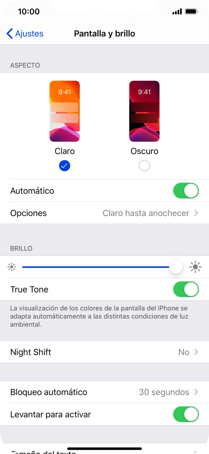 Si activas la función, pulsa Opciones y sigue las indicaciones de la pantalla para seleccionar el período de tiempo que debe durar el Modo Oscuro.