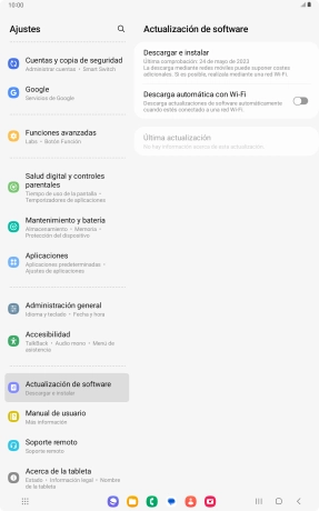 Pulsa Descargar e instalar. Si hay una versión de software nueva disponible, aparecerá ahora en la pantalla. Sigue las indicaciones de la pantalla para actualizar el software de la tablet.
