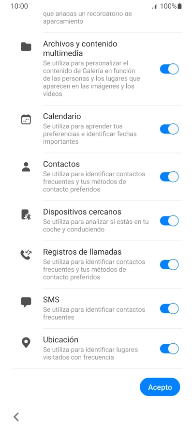 Pulsa la opción deseada para transferir contenido desde otro dispositivo y pulsa Acepto.