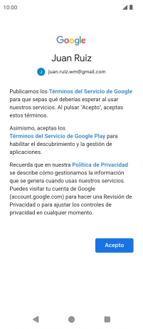 Pulsa Acepto y sigue las indicaciones de la pantalla para seleccionar los ajustes de tu cuenta de Google.