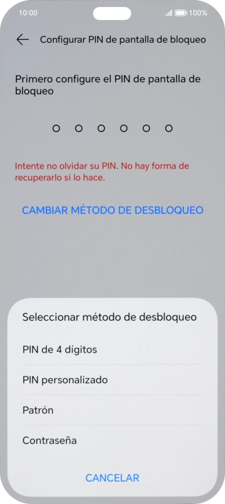 Pulsa el código de seguridad deseado y sigue las indicaciones de la pantalla para crear un código de seguridad del teléfono adicional.