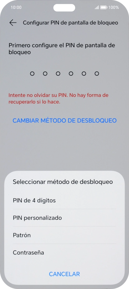 Pulsa el código de seguridad deseado y sigue las indicaciones de la pantalla para crear un código de seguridad del teléfono adicional.