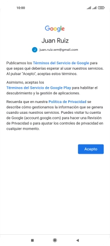 Pulsa Acepto y sigue las indicaciones de la pantalla para seleccionar los ajustes de tu cuenta de Google.