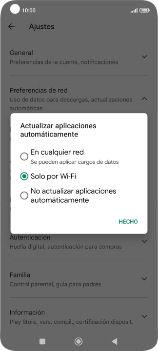 Para activar la actualización automática de apps utilizando la red móvil, pulsa En cualquier red.
