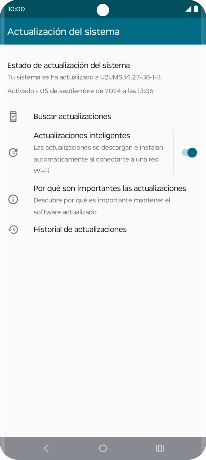 Pulsa Buscar actualizaciones. Si hay una versión de software nueva disponible, aparecerá ahora en la pantalla. Sigue las indicaciones de la pantalla para actualizar el software del teléfono.