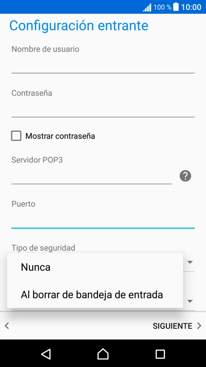 Pulsa Nunca para conservar los correos electrónicos en el servidor cuando los borras del teléfono.