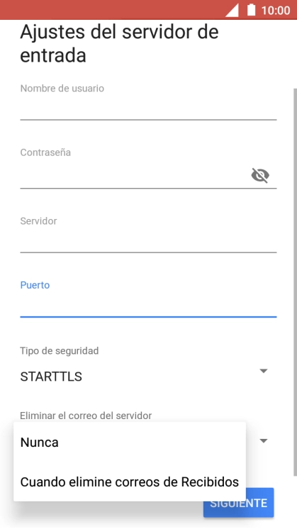 Pulsa Nunca para conservar los correos electrónicos en el servidor cuando los borras del teléfono.