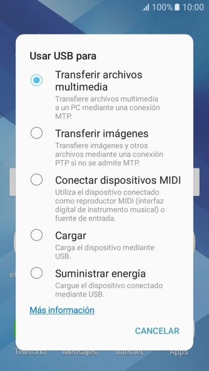 Pulsa Transferir archivos multimedia para activar la función.