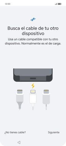 Si tienes un cable que pueda conectar ambos teléfonos, inserta el cable y sigue las instrucciones de la pantalla para transferir contenido a tu teléfono. Si no tienes un cable, pulsa ¿No tienes cable?.