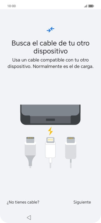 Si tienes un cable que pueda conectar ambos teléfonos, inserta el cable y sigue las instrucciones de la pantalla para transferir contenido a tu teléfono. Si no tienes un cable, pulsa ¿No tienes cable?.