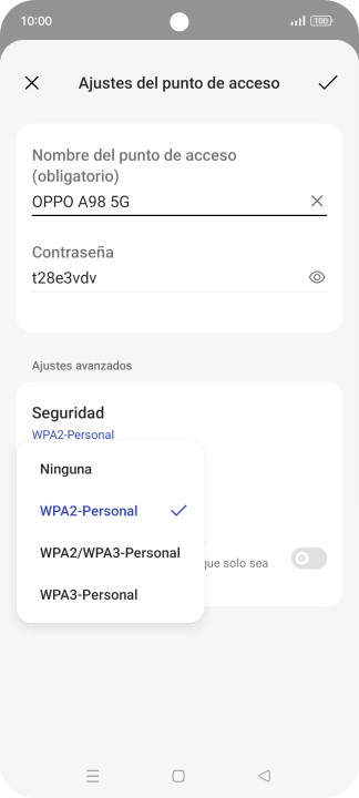 Pulsa WPA3-Personal para proteger la conexión wifi con una contraseña.
