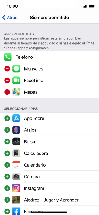 Pulsa el icono de añadir junto a la app deseada para añadirla a la lista de apps permitidas bajo el tiempo de inactividad de pantalla.