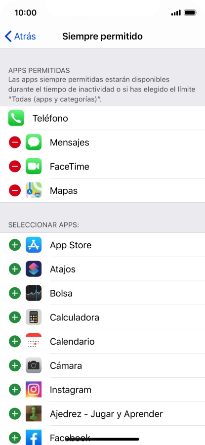 Pulsa el icono de añadir junto a la app deseada para añadirla a la lista de apps permitidas bajo el tiempo de inactividad de pantalla.