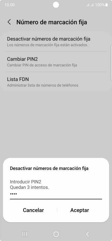 Introduce el código PIN2 y pulsa Aceptar.Puedes obtener el código PIN2 dirigiéndote al Servicio de Atención al Cliente de Vodafone, llamando al teléfono 22123 (desde un teléfono móvil de Vodafone) o al 607 123 000 (desde otros teléfonos).