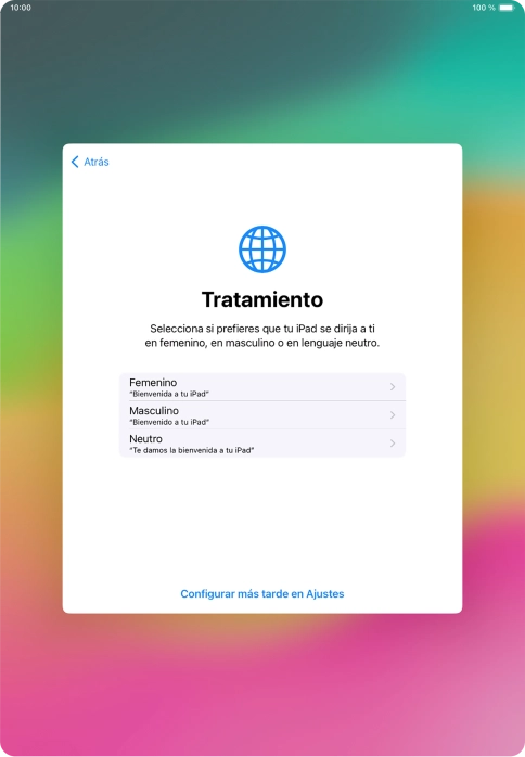 Sigue las indicaciones de la pantalla para elegir la forma de tratamiento deseada en la tablet, es decir, el masculino, el femenino o una forma de tratamiento neutra o pulsa Configurar más tarde en Ajustes.