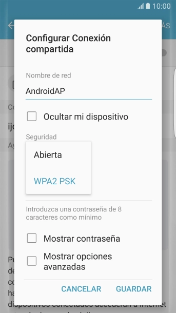 Pulsa WPA2 PSK para proteger la conexión wifi con una contraseña.