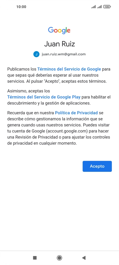 Pulsa Acepto y sigue las indicaciones de la pantalla para seleccionar los ajustes de tu cuenta de Google.