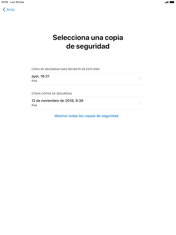 Pulsa la copia de seguridad deseada y espera mientras la tablet restaura el contenido anterior de la copia de seguridad seleccionada. Sigue a continuación las indicaciones de la pantalla para configurar la tablet y dejarla lista para su uso.