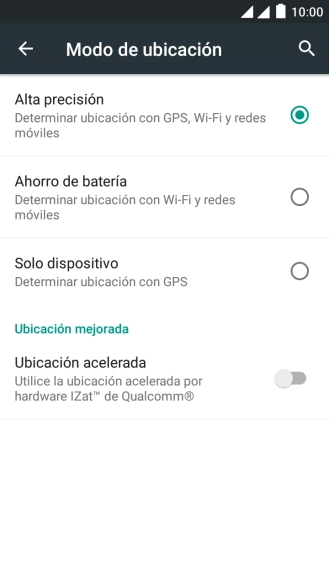 Si seleccionas Alta precisión, el teléfono podrá encontrar tu posición exacta con ayuda de los satélites GPS, la red móvil y una red wifi cercana. El GPS por satélite requiere vista libre al cielo.