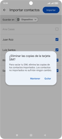 Si deseas conservar los contactos importados en la tarjeta SIM, pulsa Mantener.