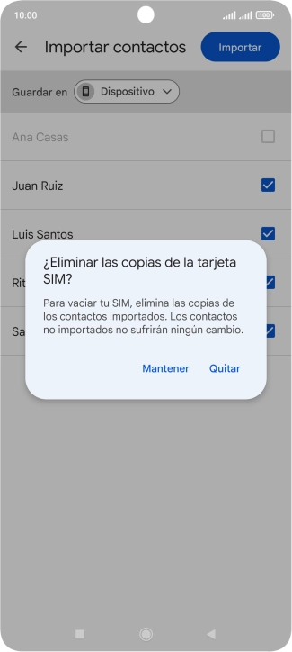 Si deseas conservar los contactos importados en la tarjeta SIM, pulsa Mantener.